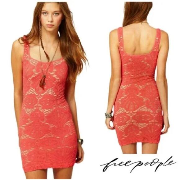 Intimately Free People  Lace Bodycon Mini Dress in Coral Size M/L stretch - Picture 1 of 6